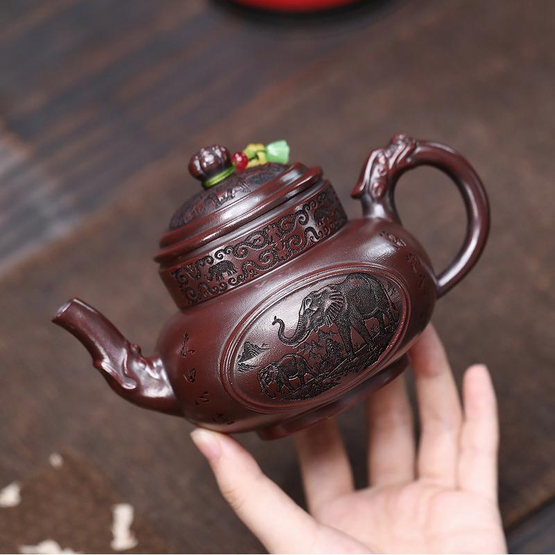 

360ml Elegant Yixing Purple Clay Teapots Handmade Ancient Altar Pot Raw Ore Antique Brass Mud Tea Brewing Kettle Zisha Tea Set