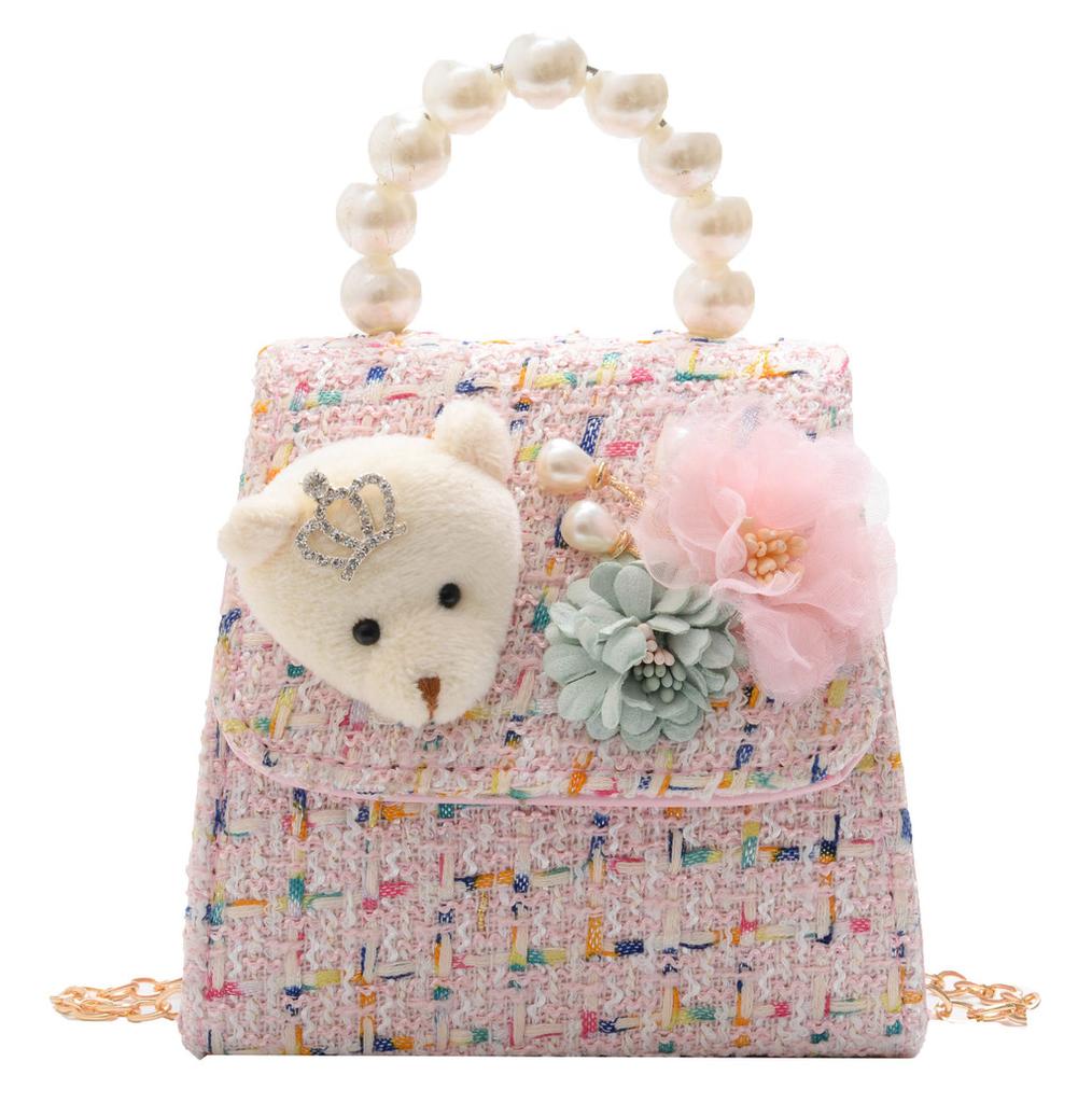 Adorable Mini Princess Chain Bag For Girls In Soft Leather With Cute Bear Design And Pearls
