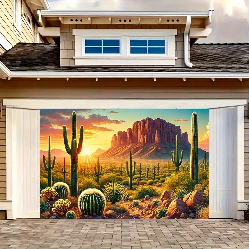 1 Peaceful Desert Sunset Sky Banner - Vibrant Cactus and Red Rock Formation Desert Landscape