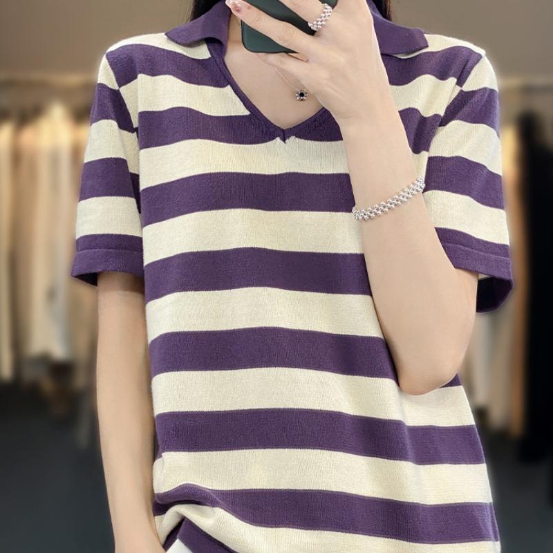 

POLO Collar Pure Cotton Thread Knitted Sweater Short-sleeved T-shirt for Womens Summer Age-reducing Pullover Half-sleeved Top Comfortable Fit Larg XXL фіолетовий
