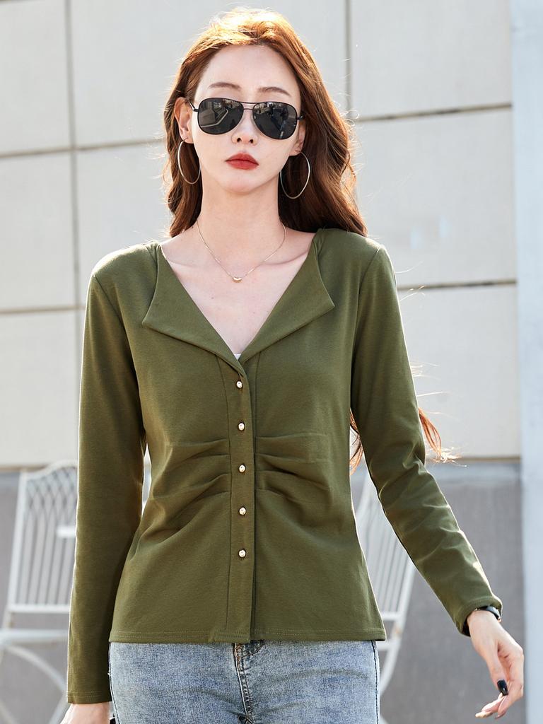 Cotton T Shirt Office Woman Spring Casual Long Sleeve Lapel T-shirt Autumn Loose Korean Style Plus Size Female Shirts