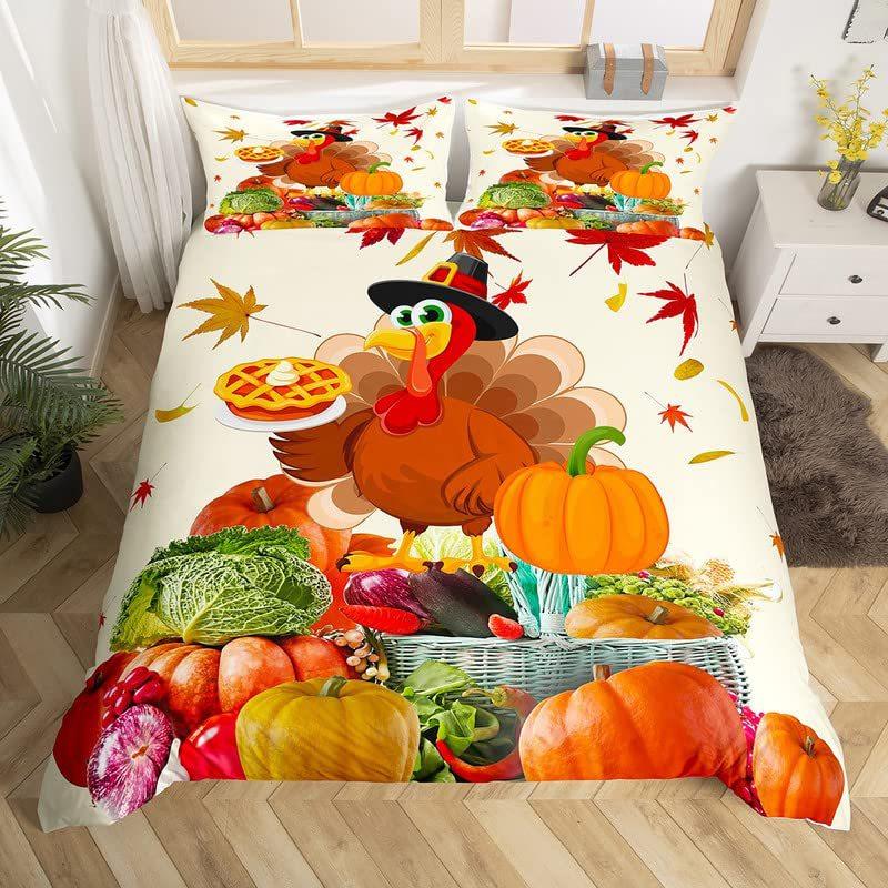 Turkey Three-Piece Quilt Cover 3D Digital Printing Bedding Autumn Pumpkin Maple Leaf Bed Cover