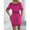HNXC Spring Summer Elegant Square-neck Button Short-sleeved Knitted Hip-hugging Dress for Women