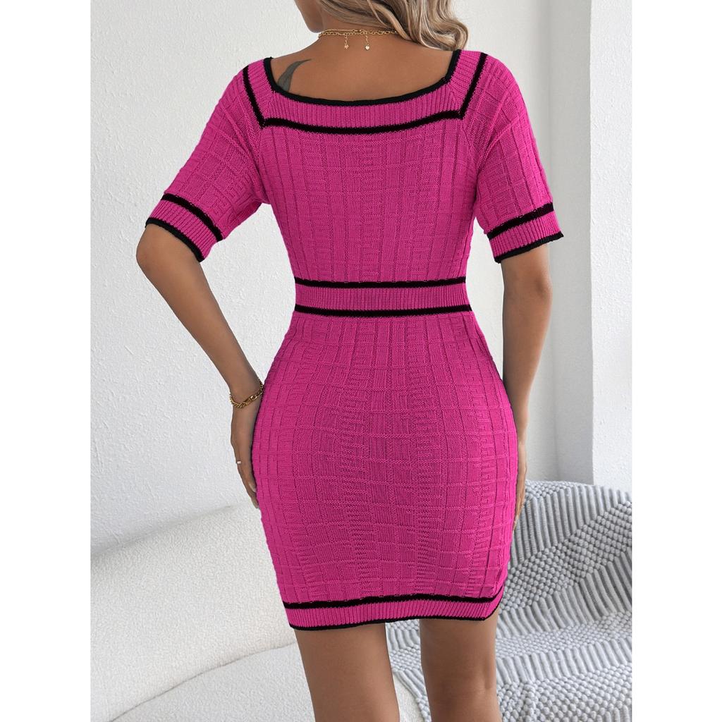 HNXC Spring Summer Elegant Square-neck Button Short-sleeved Knitted Hip-hugging Dress for Women