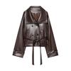 2026 spring new European and American cross-border women's clothing double-breasted belt decorative lapel imitation leather trench coat w063 Z103