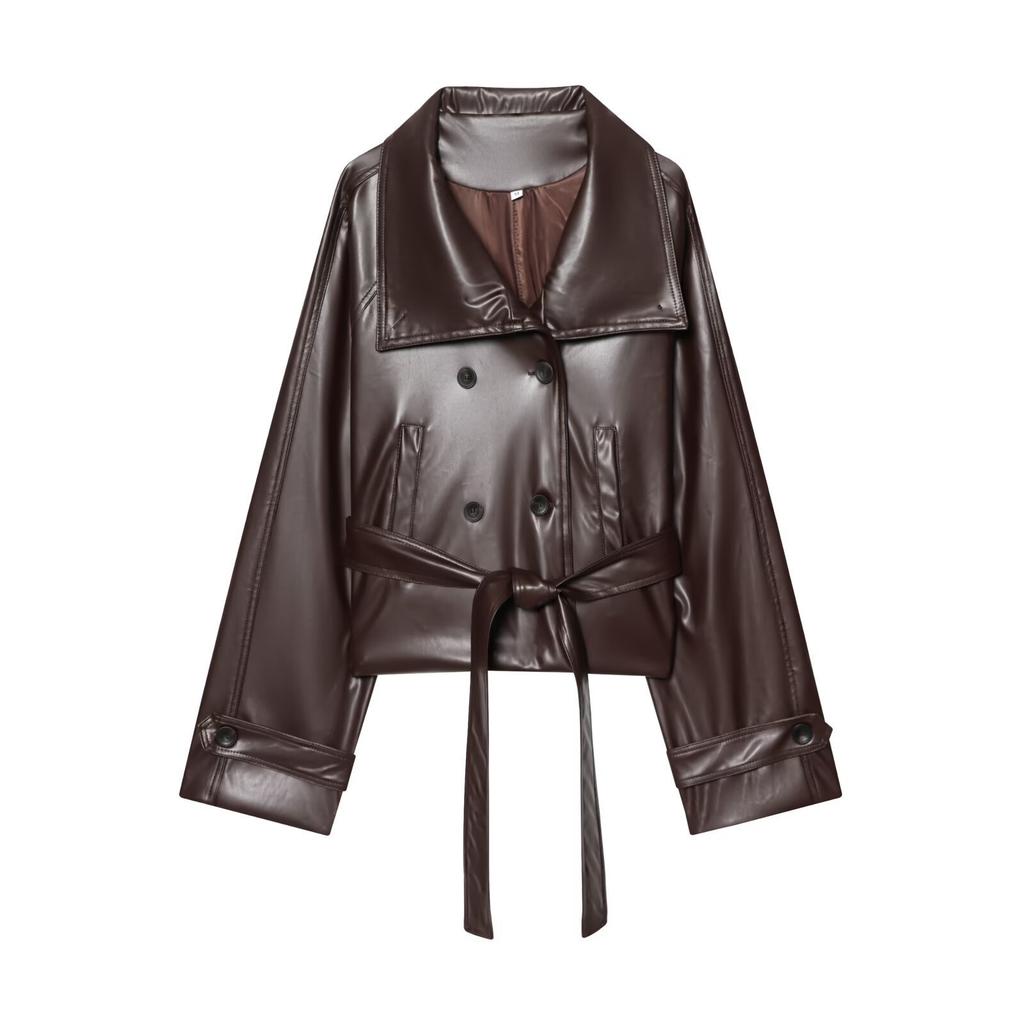 2026 spring new European and American cross-border women's clothing double-breasted belt decorative lapel imitation leather trench coat w063 Z103