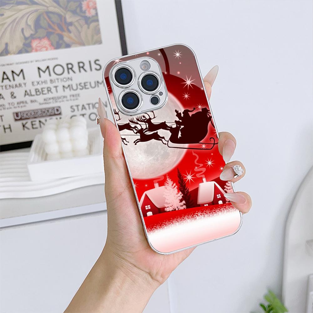 Ae112 Merry Christmas Art Electroplated Glass Phone Cases for Samsung S24 FE S25 Ultra iPhone 16 Pro Xiaomi Redmi OPPO Lens Full Protection Back Cover