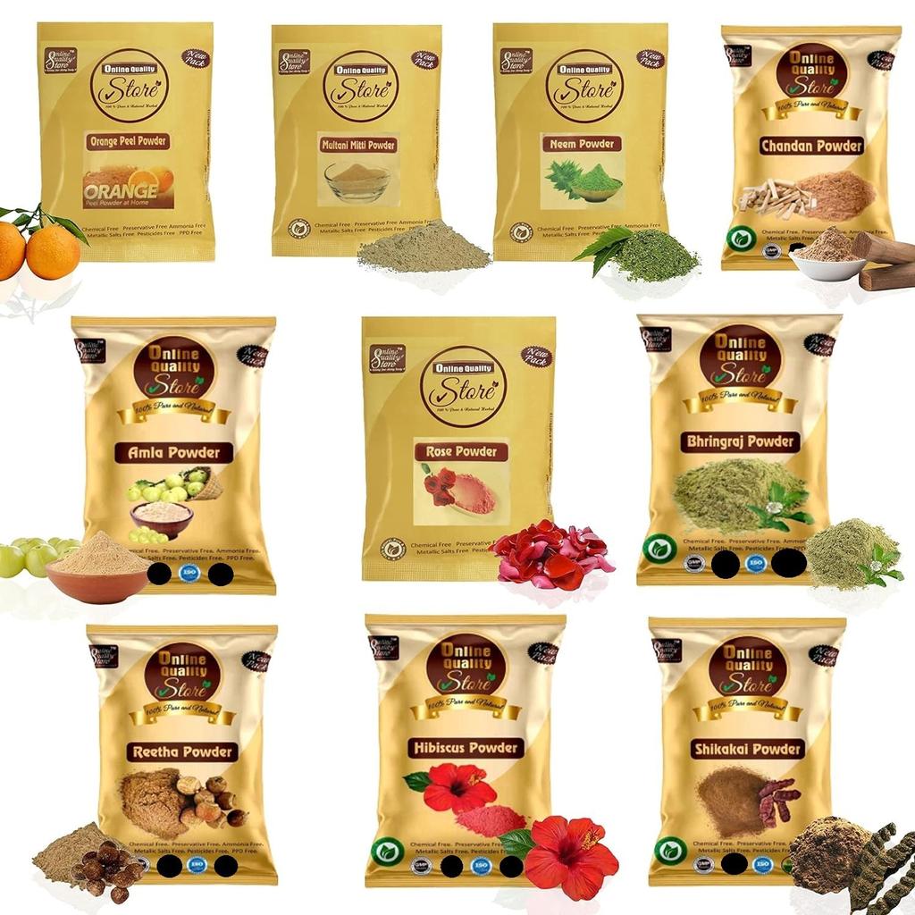 Online Quality Store Multani Mitti powder, Chandan, Orange Peel, Neem, Rose, Amla, Reetha, Shikakai, Bhringraj, Hibiscus powder |face pack,hair pac