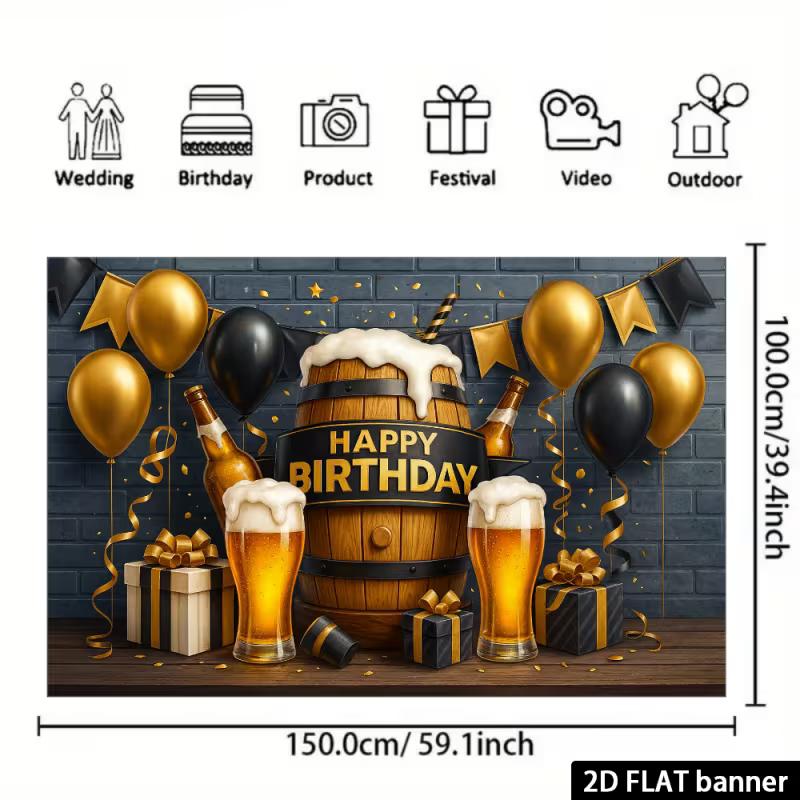 Bannière d'anniversaire 2D pour adulte, Tonneau de bière & Ballons Fête & Fond en direct