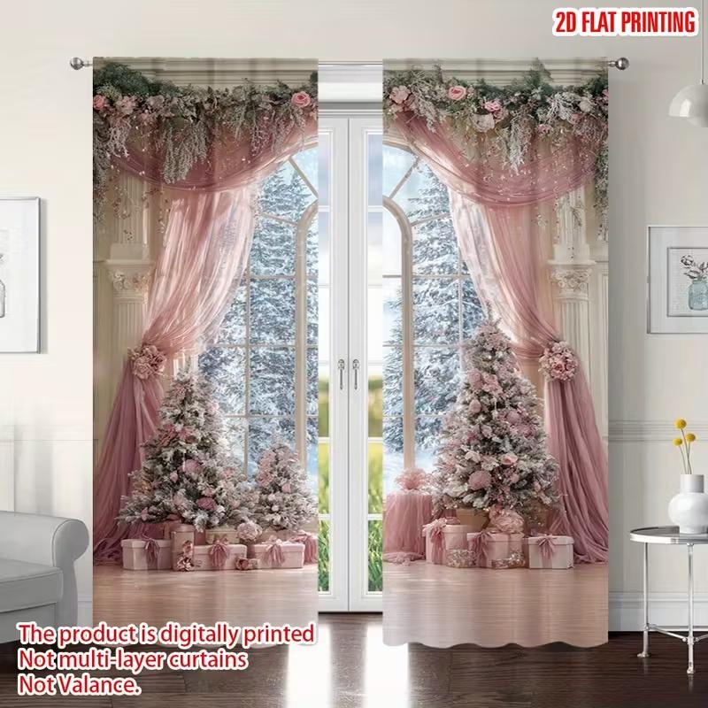 2 Pcs Pink artificial gauze print curtains,suitable for bedroom,living room kitchen decoration,home decoration,window decoration