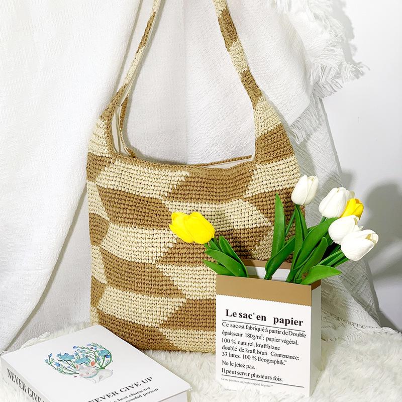 

New Literary Large Checkered Straw Tote Bag