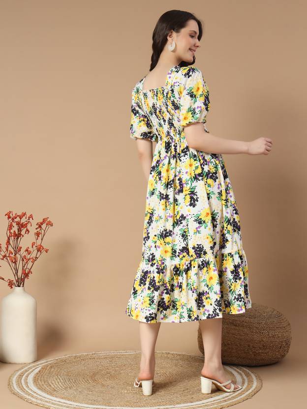 Women Empire Waist Black Midi/Calf Length Dress Gown Kurta Party Wear Top Tunic