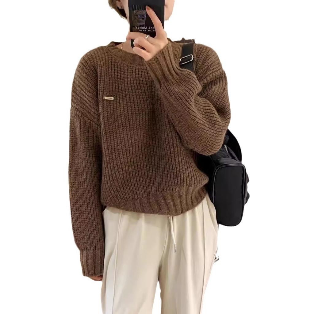Autumn and Winter Women's Solid Color Pullover Sweater Loose Round Neck Knitted Sweater Base Top