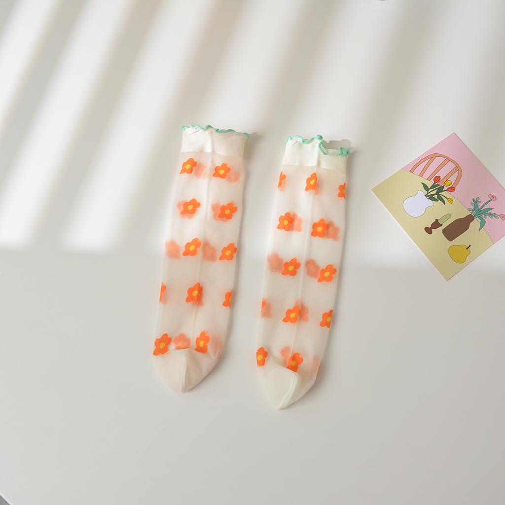 Girls Strawberry Embroidered Lace Over Knee High Socks Thin Transparent Floral Princess Kids Long Stockings