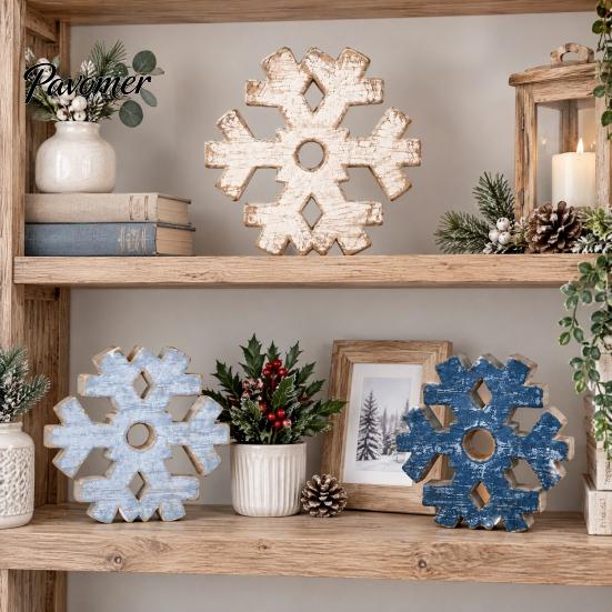 Winter Farmhouse Shelf Ornaments 3 Pcs Snowflake Wooden Signs, Rustic Table Decoration, Hollowed Out Crafts Block Sign for Christmas Tiered