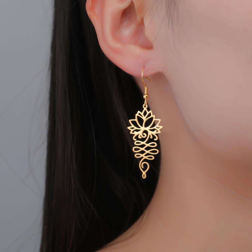 My Shape Hollow Lotus Flower Drop Earrings for Women Girls Stainless Steel Retro Unalome Earring Yoga Fashion Amulet Jewelry