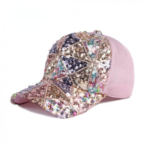 Women Adjustable Glitter Sequin Baseball Cap Sports Casual Mesh Sun Hat Summer