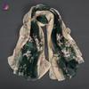 [BYSIFA] Green Beige 100% Mulberry Silk Scarf Cape Summer Floral Design Chiffon Long Scarves Beach Shawl Ladies Scarves Echarpes