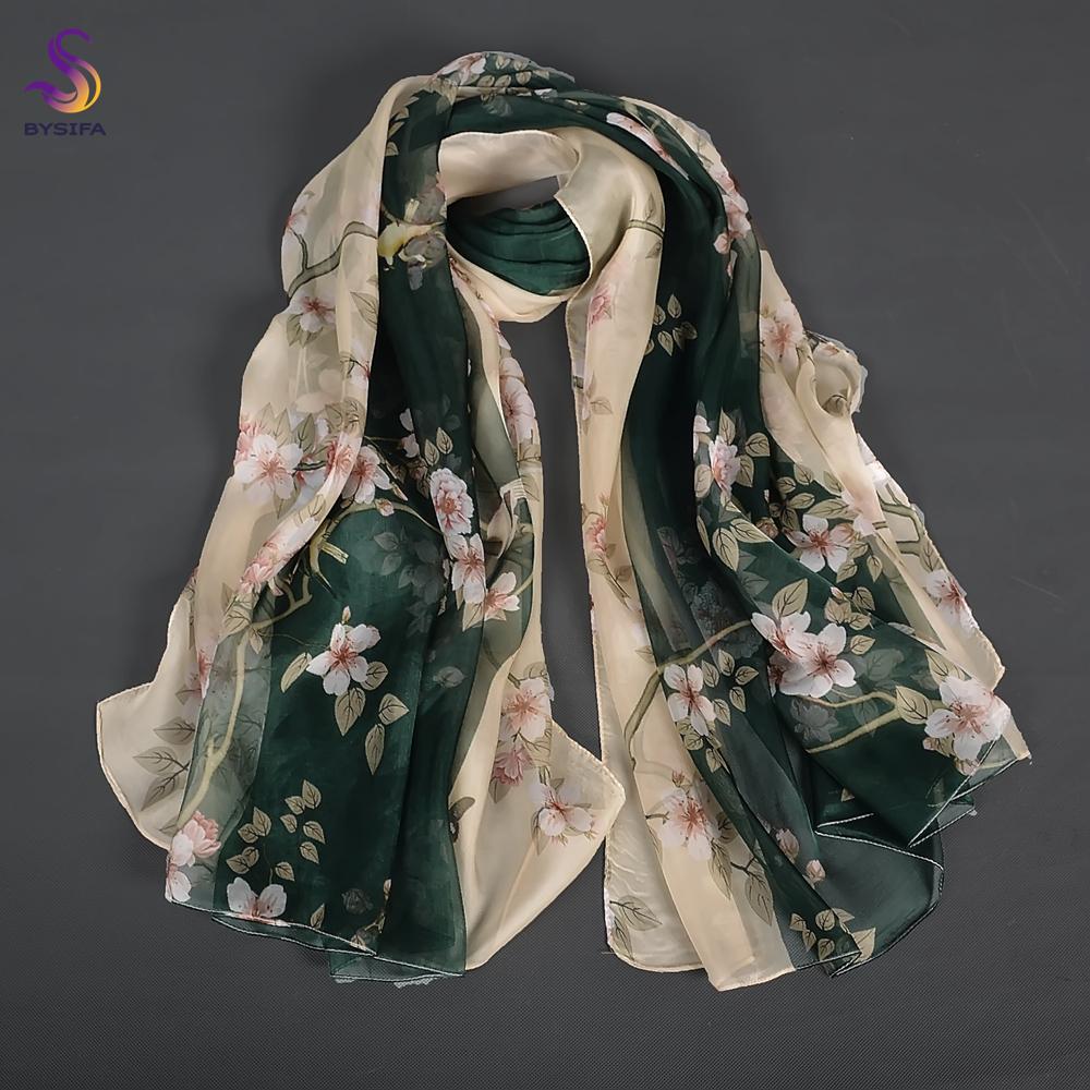 [BYSIFA] Green Beige 100% Mulberry Silk Scarf Cape Summer Floral Design Chiffon Long Scarves Beach Shawl Ladies Scarves Echarpes