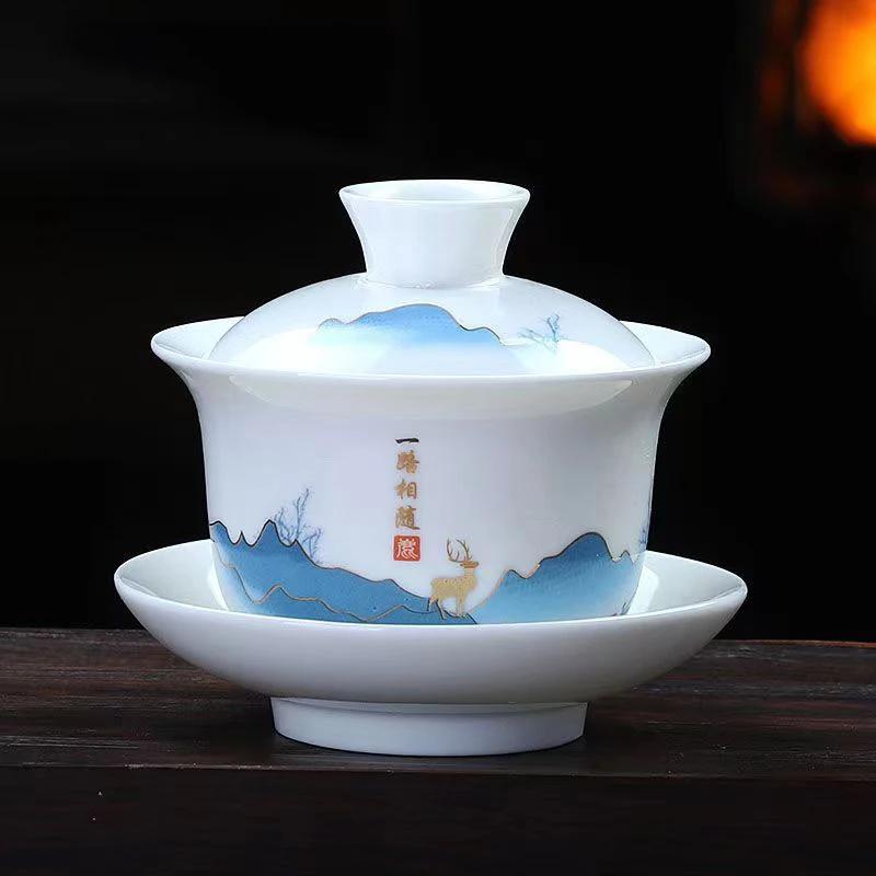 200ml Hand Painted White Porcelain  Tea Tureen Cup,cover Bowl Tea Set Gaiwan Tea Porcelain Pot Set Travel Beautiful Kettle