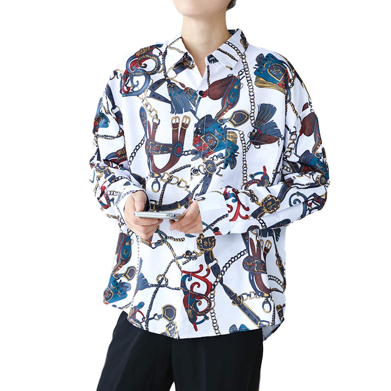 

patterned street fashion casual printed blouse XXL to Japanese and this gift makes a great gift for Popular vintage dress Japanese Men s long-sleeved белый