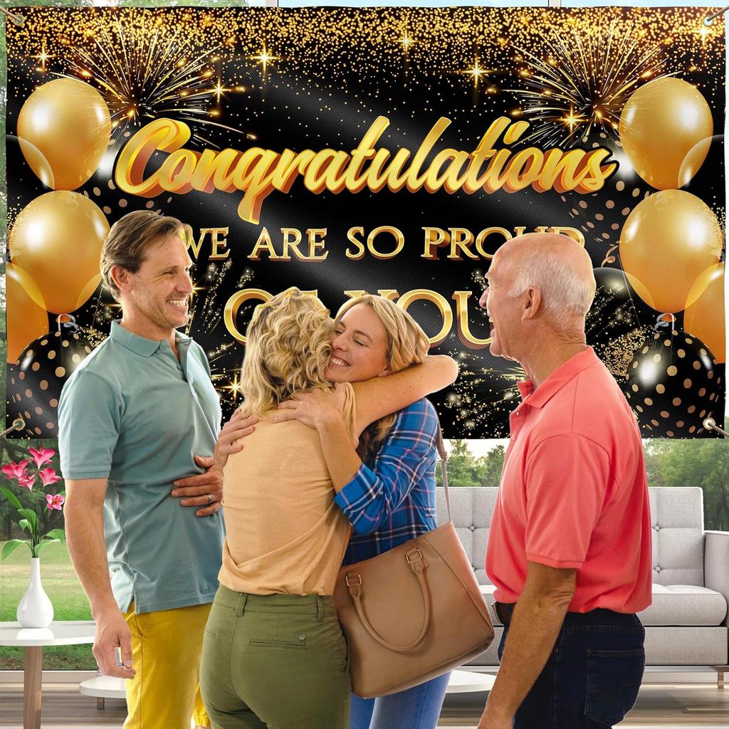 Congratulations Banner for Prom - Congratulations Decorations - Well Done - We Are So Proud of You - 5x3ft (Black and Gold)