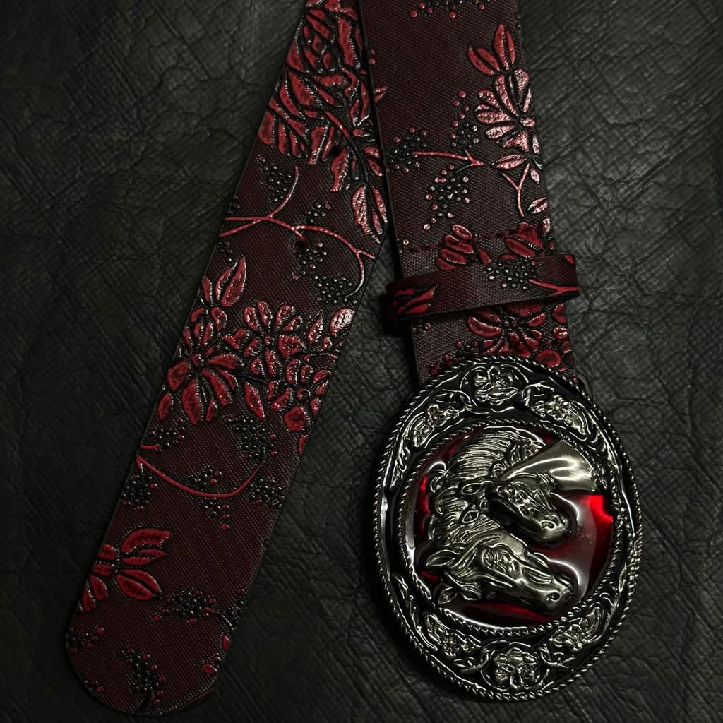 Vintage Dark Red Rose Double Horse Head Leather Belt - Unisex, Retro, Decorative Accessory.