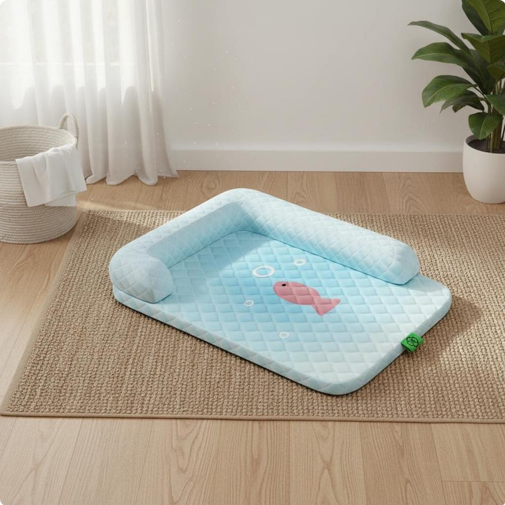 Dog Cooling Mat with Pillow Tear Resistant Cooling Dog Bed Supportive Pillow Pet Bed Breathable Quilted Pet Lounger Neck Support