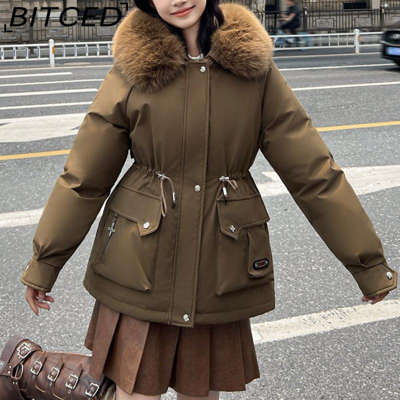 BITCED Winter Thickened Puffer Coat for Women with Waist-cinching, Slimming Fit, Hood and Large Fur Collar for Warmth