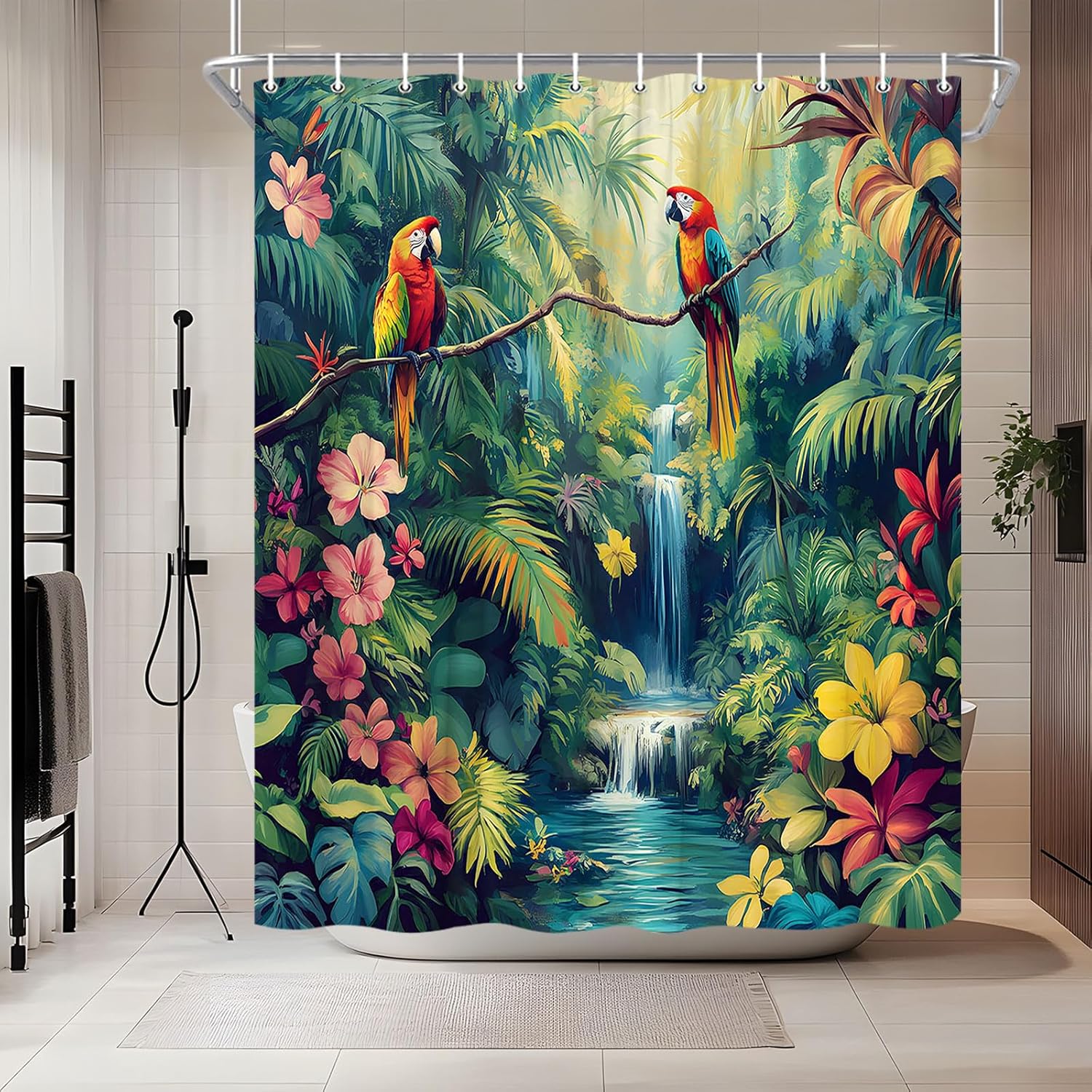 Dunika Chen Green Jungle Parrot Shower Curtain Tropical Bird Forest Waterfall Leaves Rainforest Nature Plant Exotic Flower Cute Birds Shower
