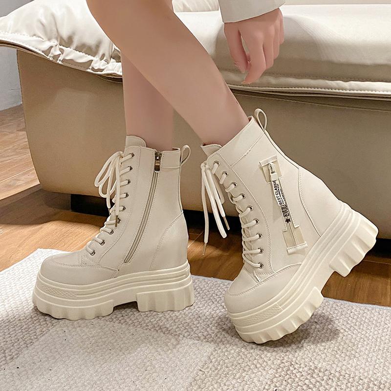 Mote 9,5CM Dame Støvler Motorsykkelsko Dame Lær Chelsea Dame Klassisk Punk Kvinne Goth Sko Høy Plattform Dame Botas Mujer