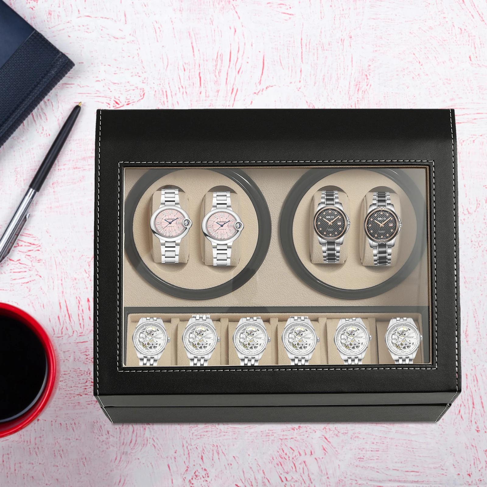 

BYMAOCAR 4+6 Автоматическая шкатулка для часов с вращением, Витрина, Коробка для хранения часов из ПУ кожи с отдельным переключателем управления L