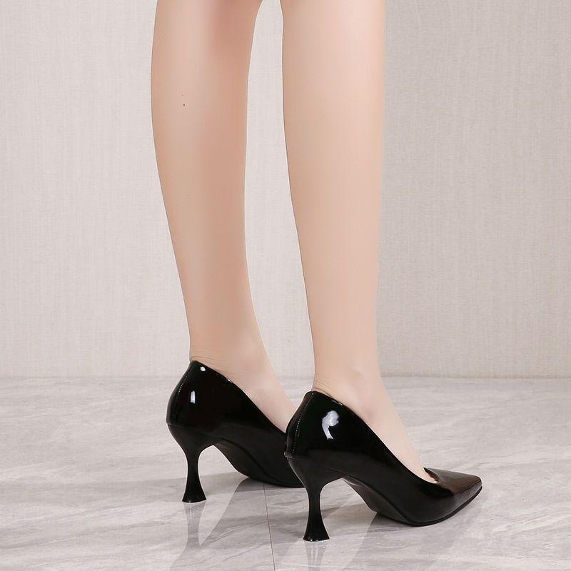 Nude Patent Leather Stiletto High Heels 2025 Spring and Autumn New Pointed Low Heels Fashion Black Professional Work Single Shoes Women