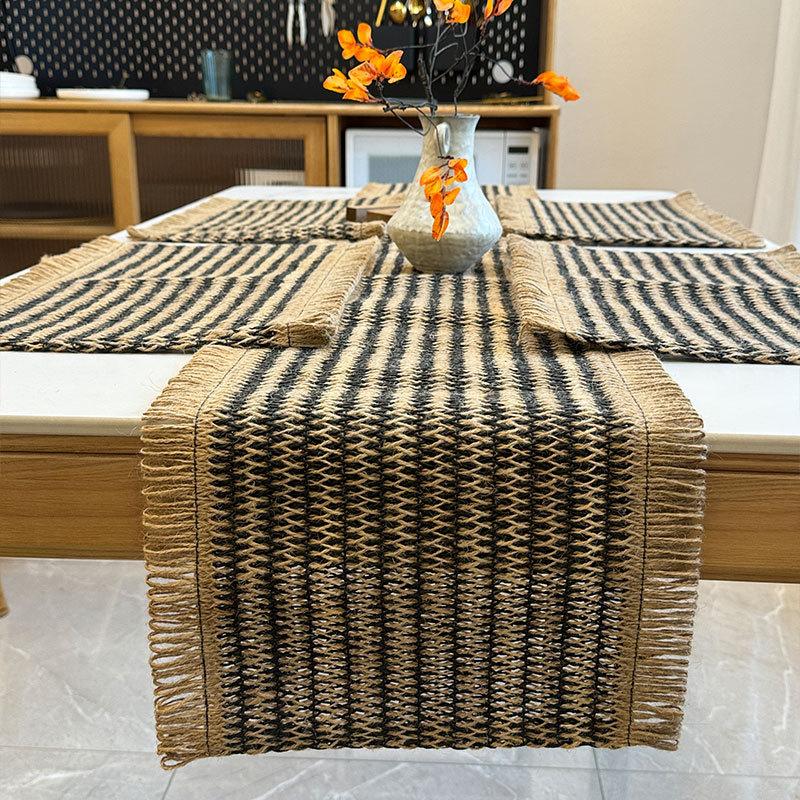 INS-style Paper Rope Woven Placemat, Color-block Holiday Decorative Mat Creative Paper and Jute Blended Heat-resistant Table Mat