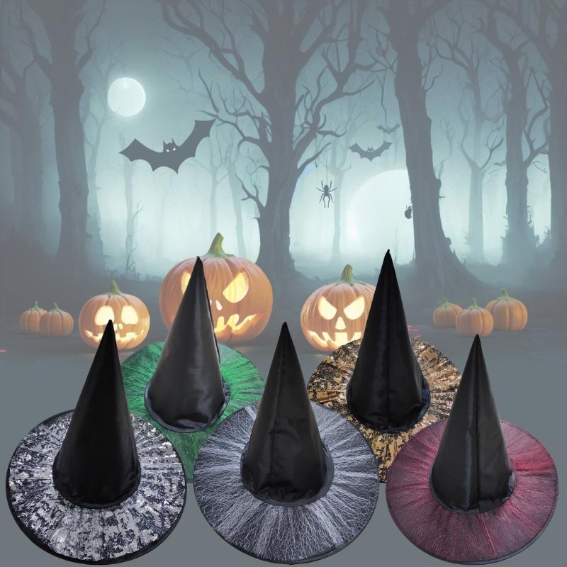 Cosplay Costume Witch Hat Mesh Wizard Hat for All Age Halloween Party Hat Role Play Witch Hat Cloche Hat Headwear