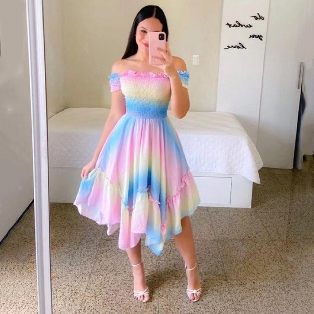 European and American Ebay One-word Collar Asymmetrical Off-the-shoulder Short-sleeved Digital Printing Dress