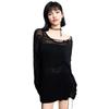 Jinyujie 2025 Spring Women's Sheer Hollow-Out Knit Long Sleeve Top
