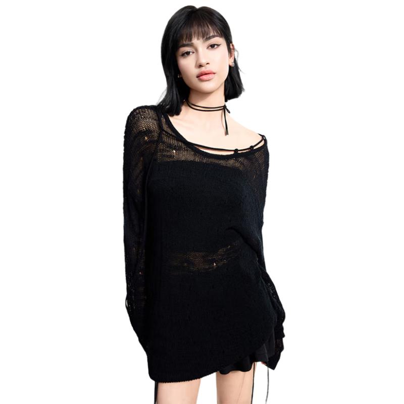 Jinyujie 2025 Spring Women's Sheer Hollow-Out Knit Long Sleeve Top