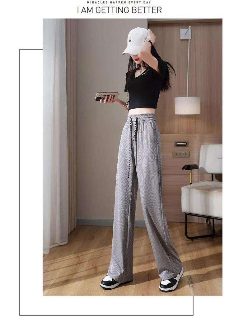 145 Petite Ice Silk Plaid Wide-Leg Pants for Women - Thin, High-Waist, Straight-Leg, Casual Fit for Spring and Autumn
