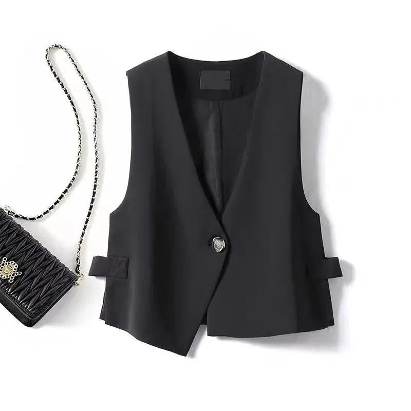 Женский весенне-осенний короткий костюмный жилет однотонный простой пиджак на пуговицах 3XL чёрный