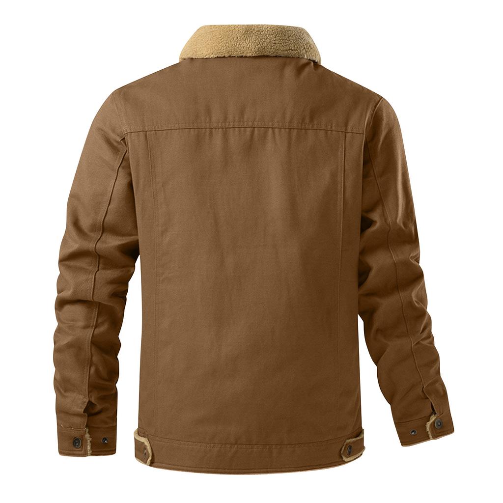 Men's Solid Color Button Pocket Work Jacket Men's Casual Plush Coat