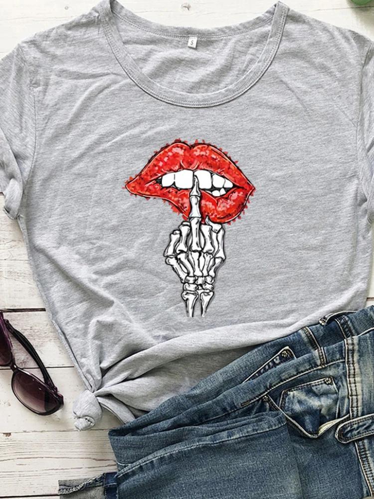 Skull Hand Red Lip Print Women T Shirt Short Sleeve O Neck Loose Women Tshirt Ladies Tee Shirt Tops Clothes Camisetas Mujer