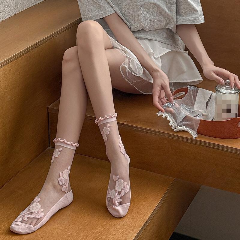 Summer New Style Thin Women's Socks Breathable Ice Silk Flower Crystal Stockings Short Sweat-absorbent Non-slip Cotton Socks Bottom Tube Socks