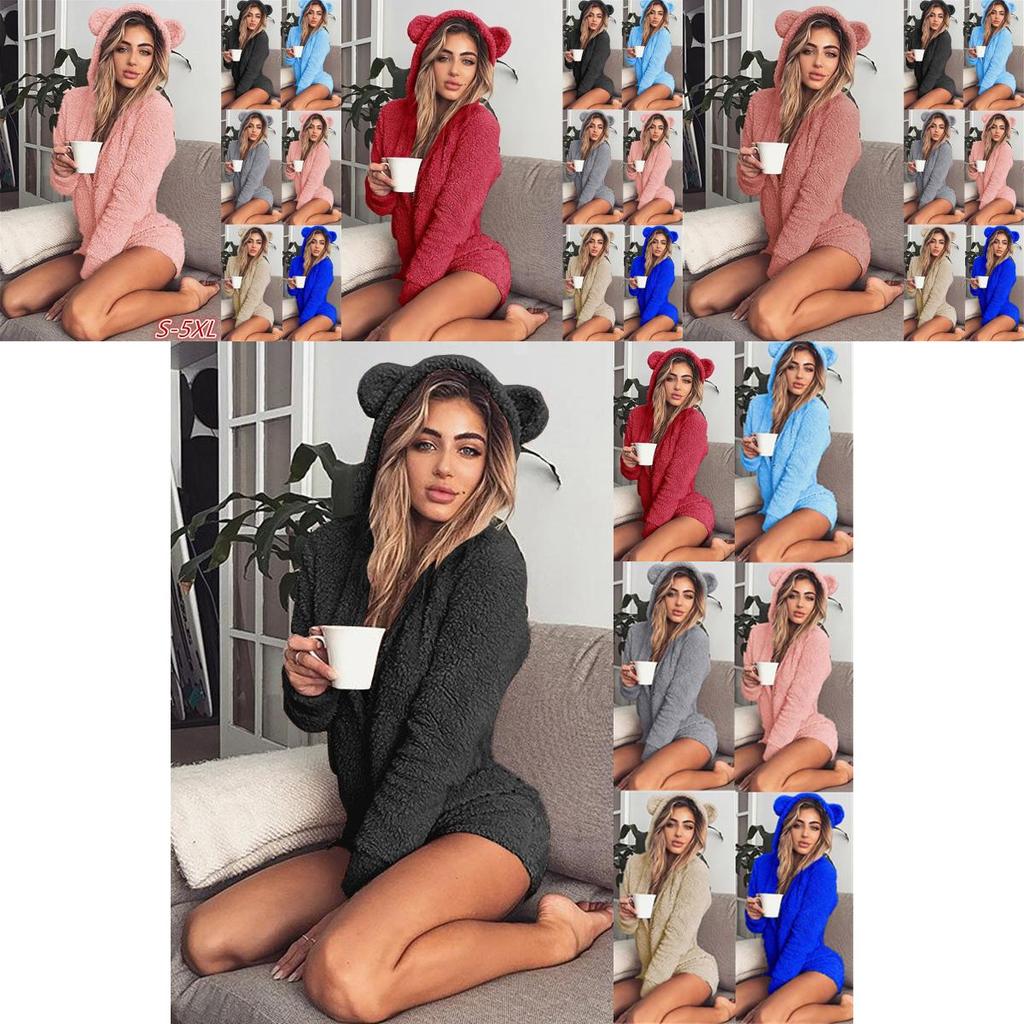 Cozy Women's Fluffy Faux Fleece Hooded Shorts Romper Pajamas Nightwear Set