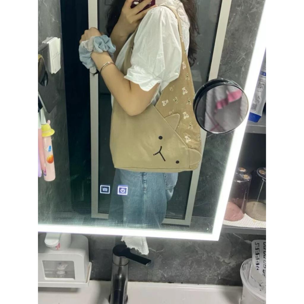 Cute cat bucket bag New cartoon canvas bag Casual versatile large-capacity commuter shoulder bag
