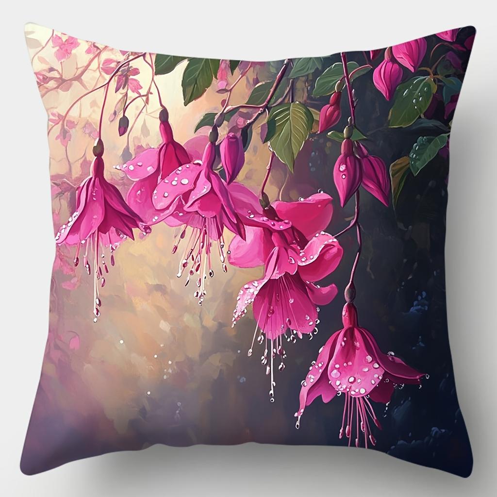4Pcs Double-Sided Printed Throw Pillow Covers, Pink Hanging Floral With Sunlight Cushion Cases Decorative For Living Room