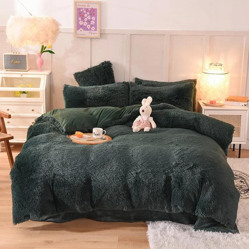 3/4PCS Winter Warm Plush Duvet Cover Pink Mink Velve+fluffy Flannel Quilt Cover Queen King Size Luxury Double Bed Bedding Set