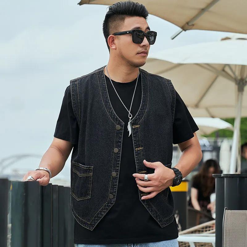 Men's Spring Large Size Loose Denim Vest Solid Color Straight Hem Sleeveless Top