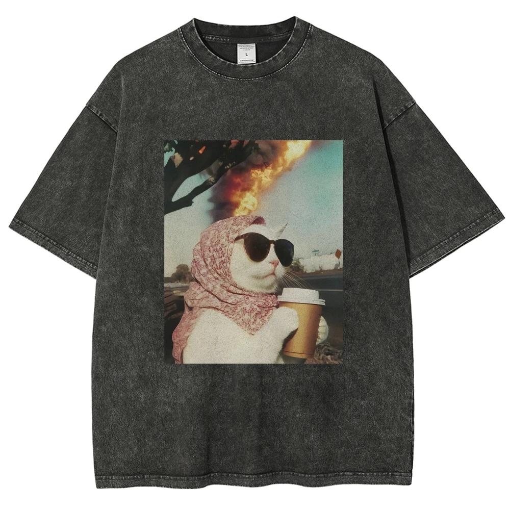 Cool Cat Meme T Shirts Unisex Washed Tees Men Women's Fashion Short Sleeve T-shirts Cotton Oversized T-shirt Streetwear