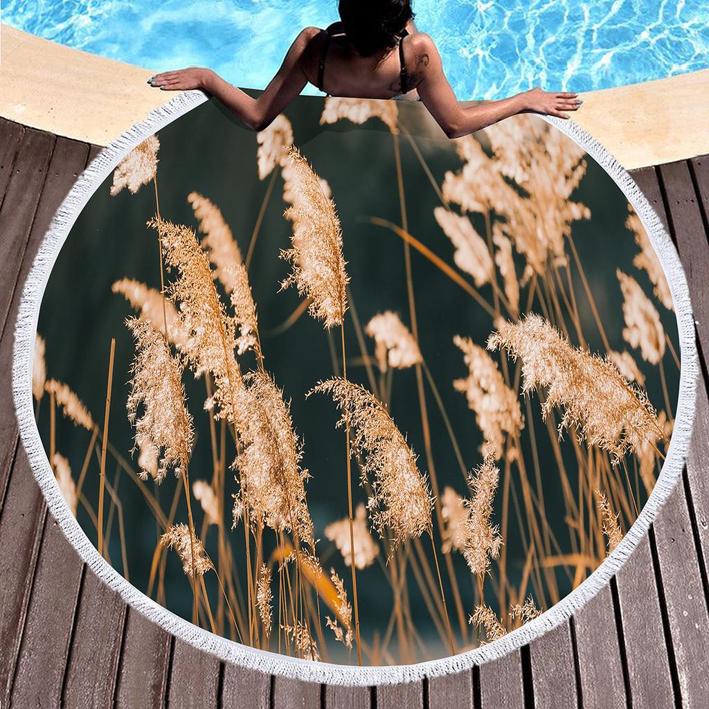 Wild Plant Fluttering Reed Round Beach Towel with Tassels,Polyester Beach Blanket,Soft Absorbent Quick Dry Pool Towel Picnic Mat